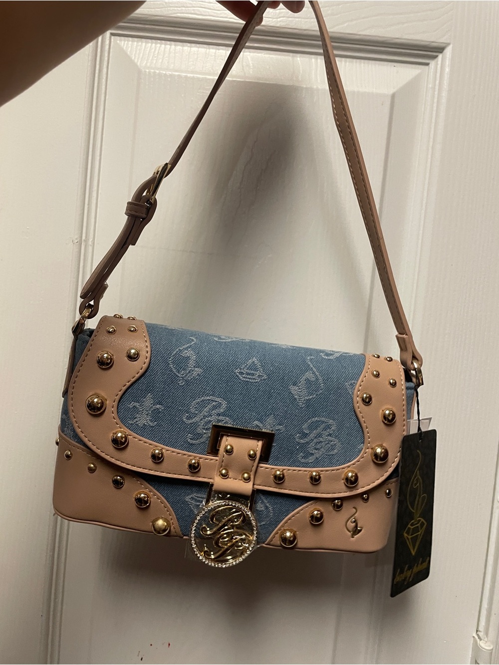 Baby Phat Blue Denim & Tan Studded Shoulder Bag with Gold Accent